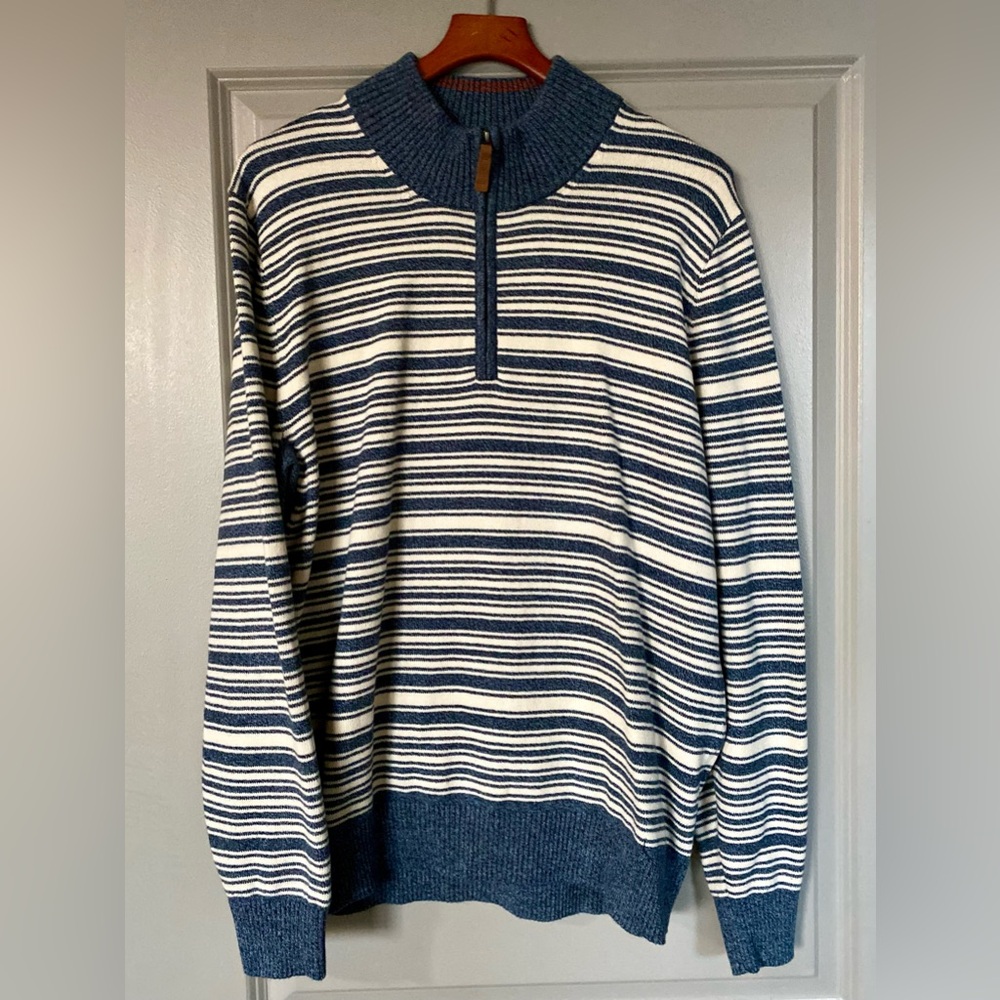 Men’s- Duluth- Strongarm 1/4 zip Mock Neck Sweater- Blue Striped- L